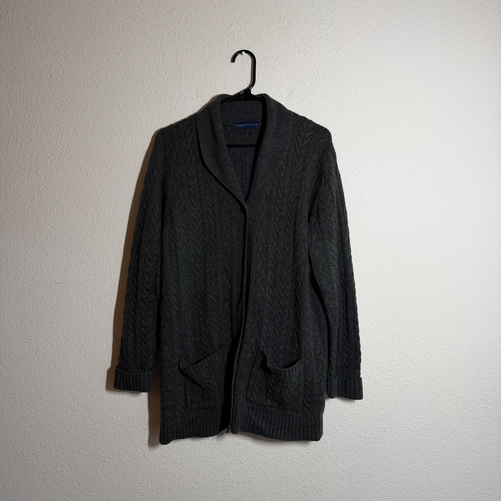 Karen Scott Cardigan Sweater Womens 1X Gray Cable Knit Ribbed Trim Button Front